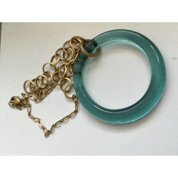 VTG LT & Co. Blue Circle Glass Pendant Necklace Gold Tone Oval Link Chain 22” - Picture 3 of 5